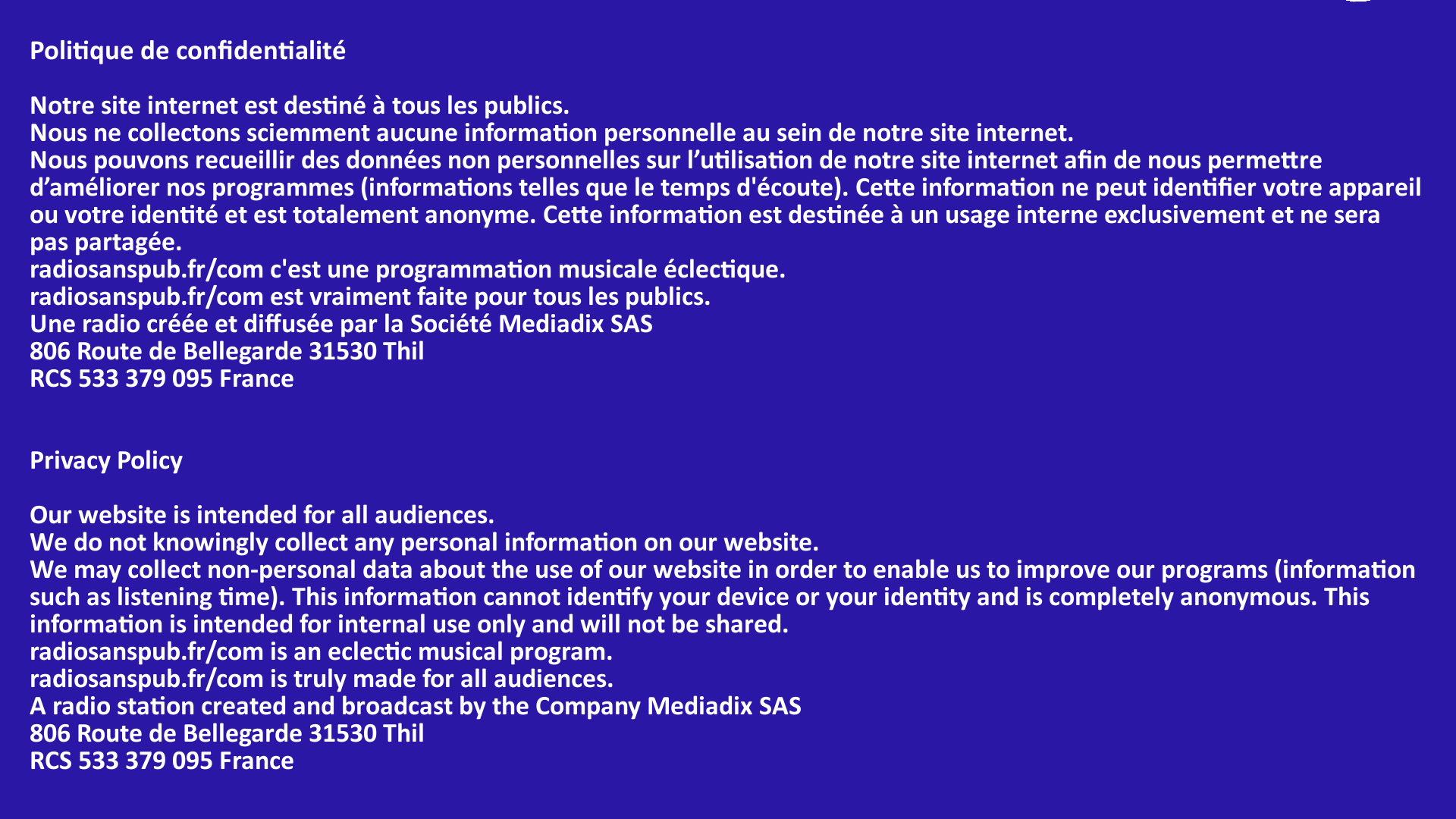 Mentions légales de Radio Sans Pub